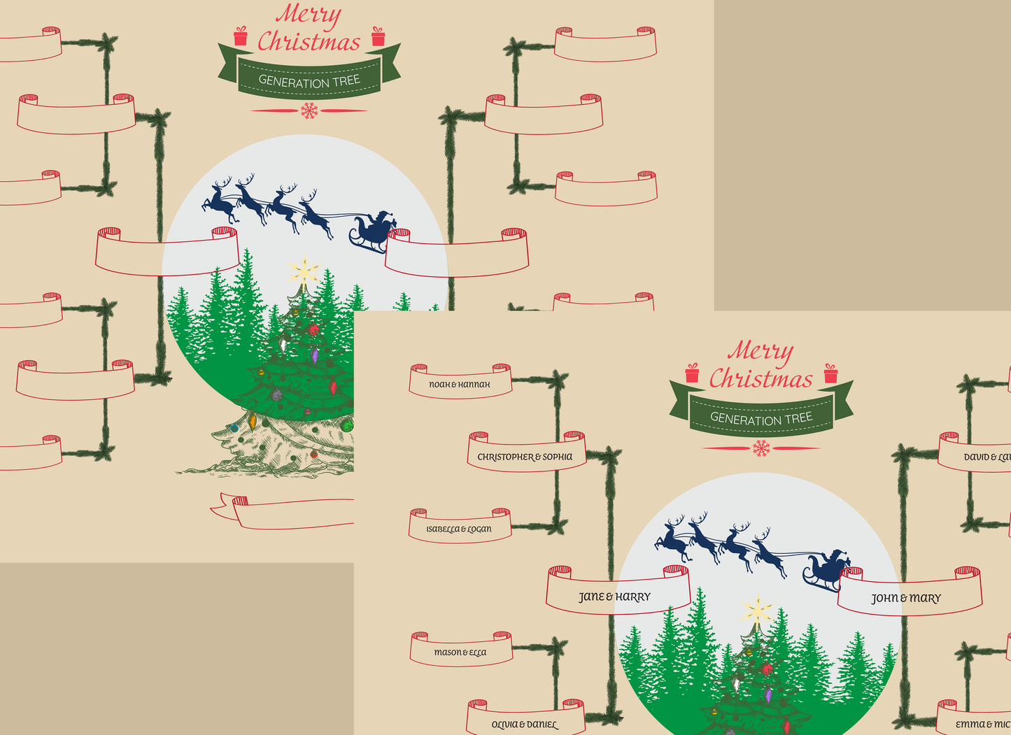 4-Generation-family-tree – Combine Christmas Tree and Santa Riding Reindeer Theme (Digital)