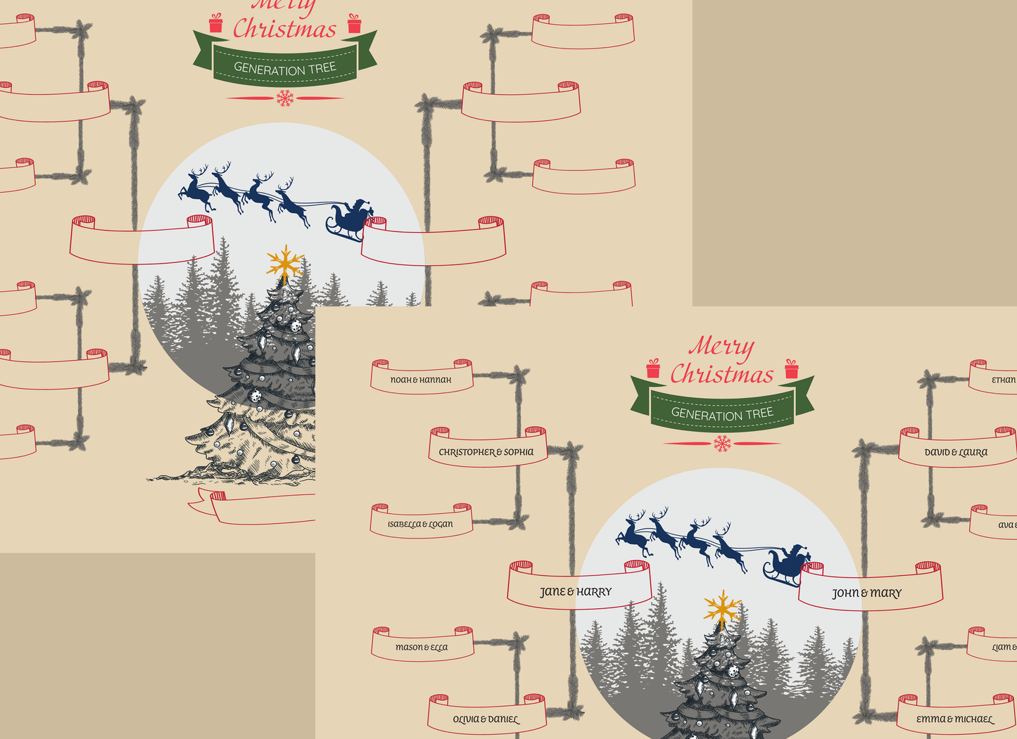 4-Generation-family-tree – Combine Christmas Tree and Santa Riding Reindeer Theme (Digital)